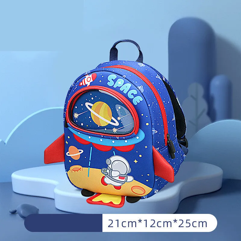 Children's SBR diving material anti lost backpack with zipper closure, cartoon rocket print, in blue colour, two sizes available.