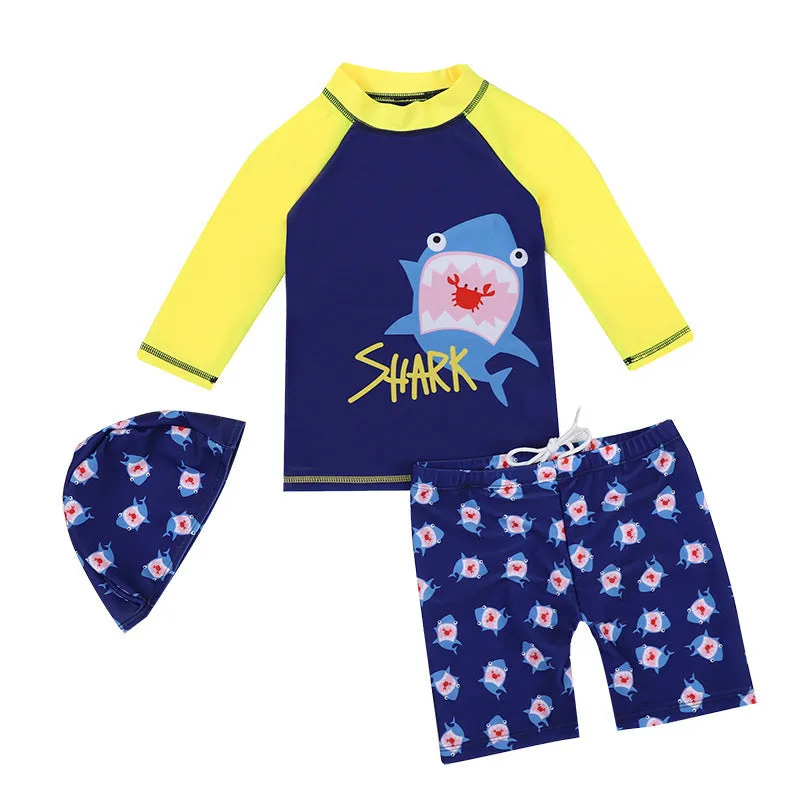 Children's yellow split boxer swim trunks with cartoon print, made from quick-drying polyester