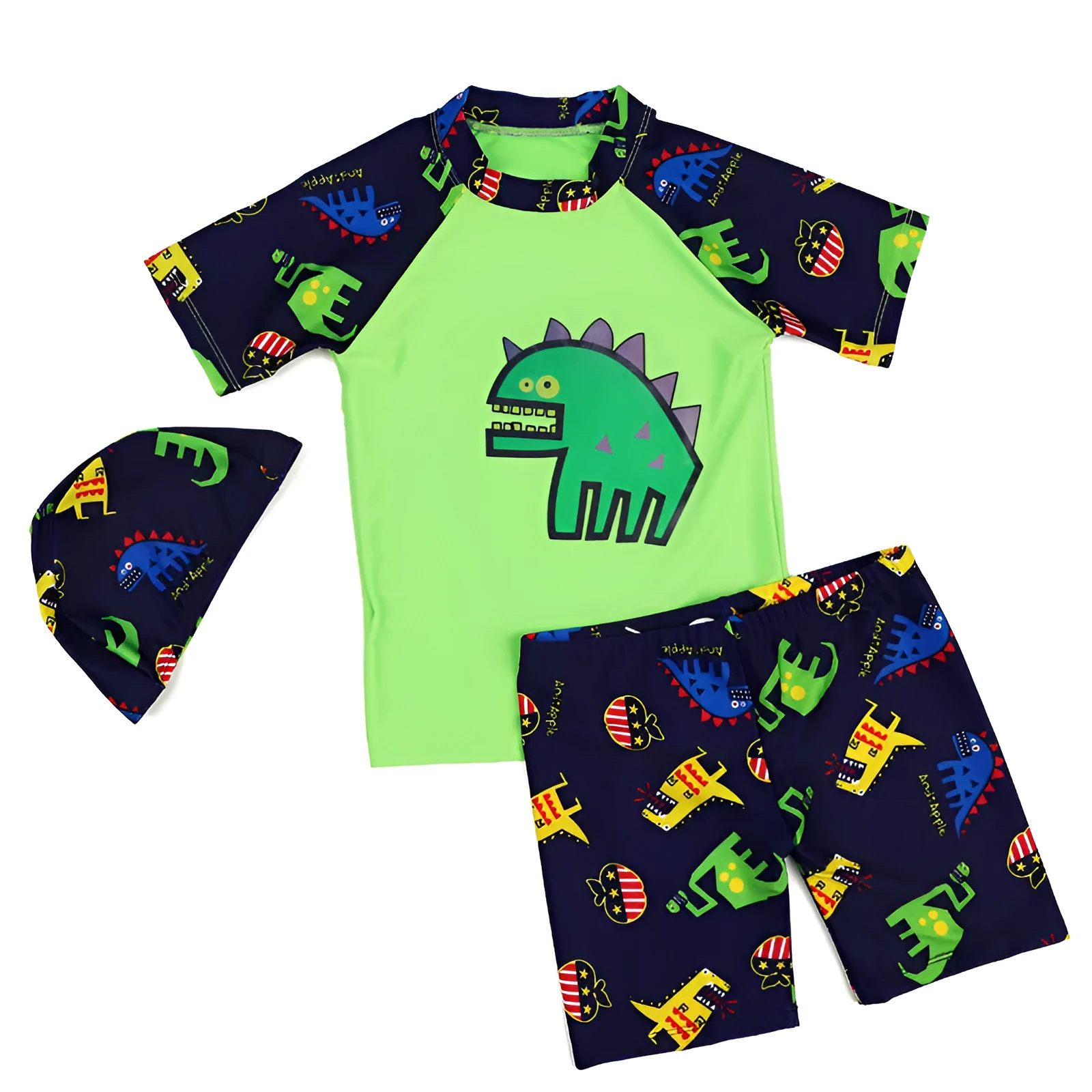 Children's yellow split boxer swim trunks with cartoon print, made from quick-drying polyester