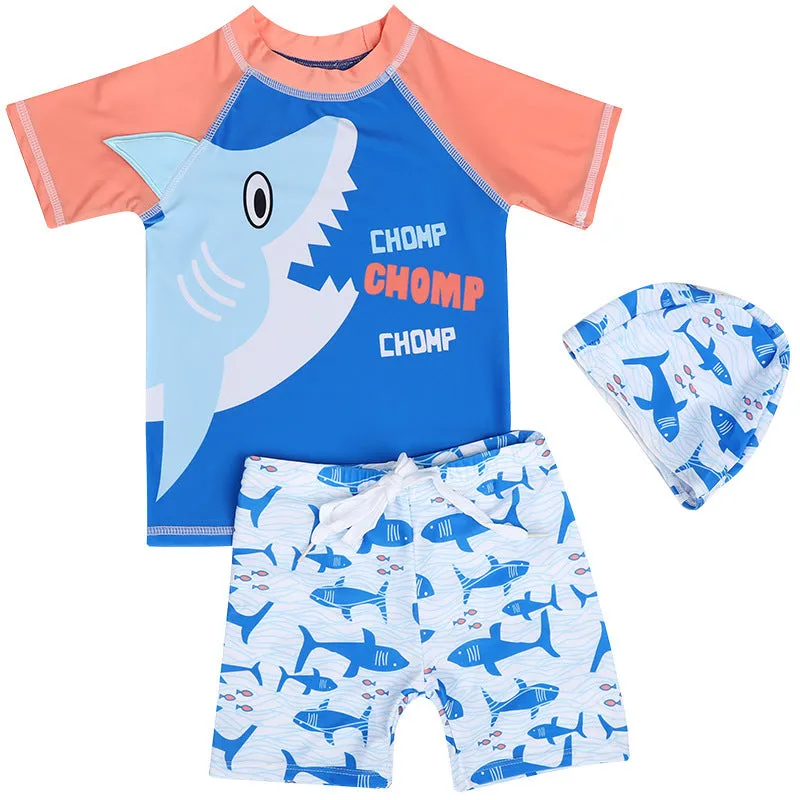 Children's yellow split boxer swim trunks with cartoon print, made from quick-drying polyester