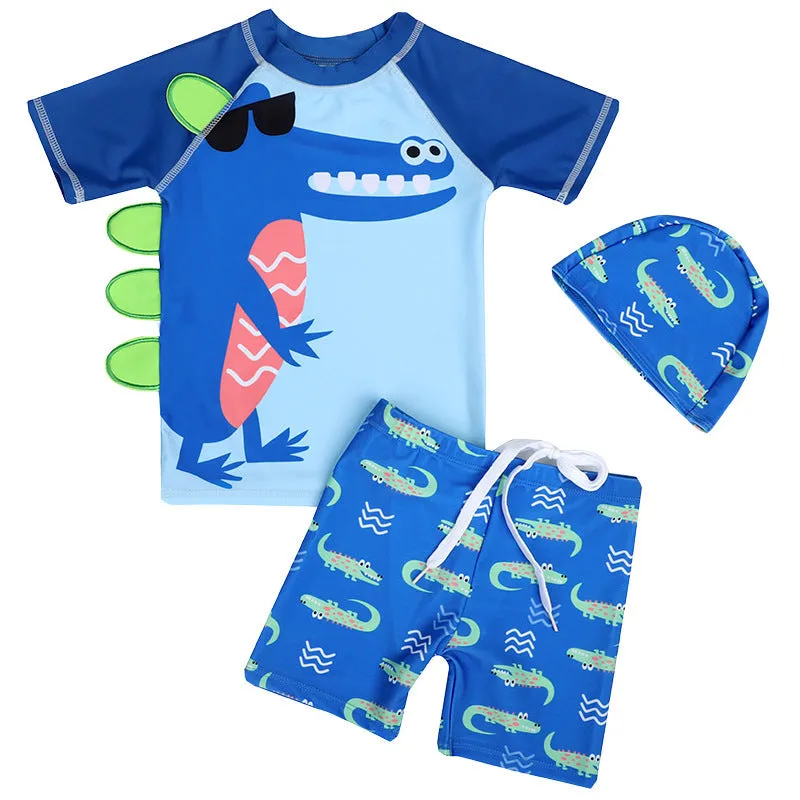 Children's yellow split boxer swim trunks with cartoon print, made from quick-drying polyester