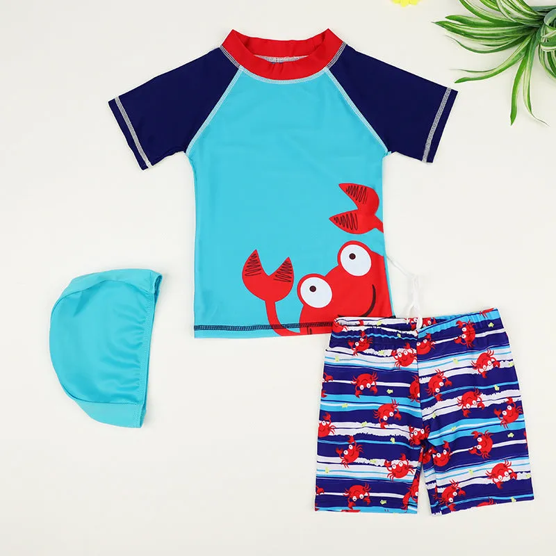Children's yellow split boxer swim trunks with cartoon print, made from quick-drying polyester