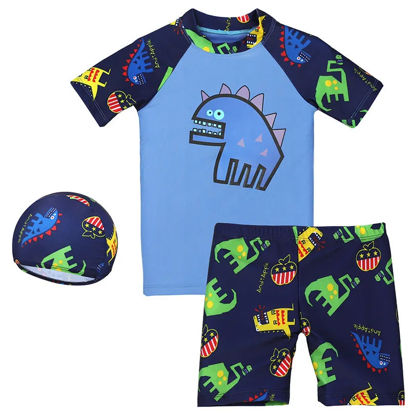 Children's yellow split boxer swim trunks with cartoon print, made from quick-drying polyester