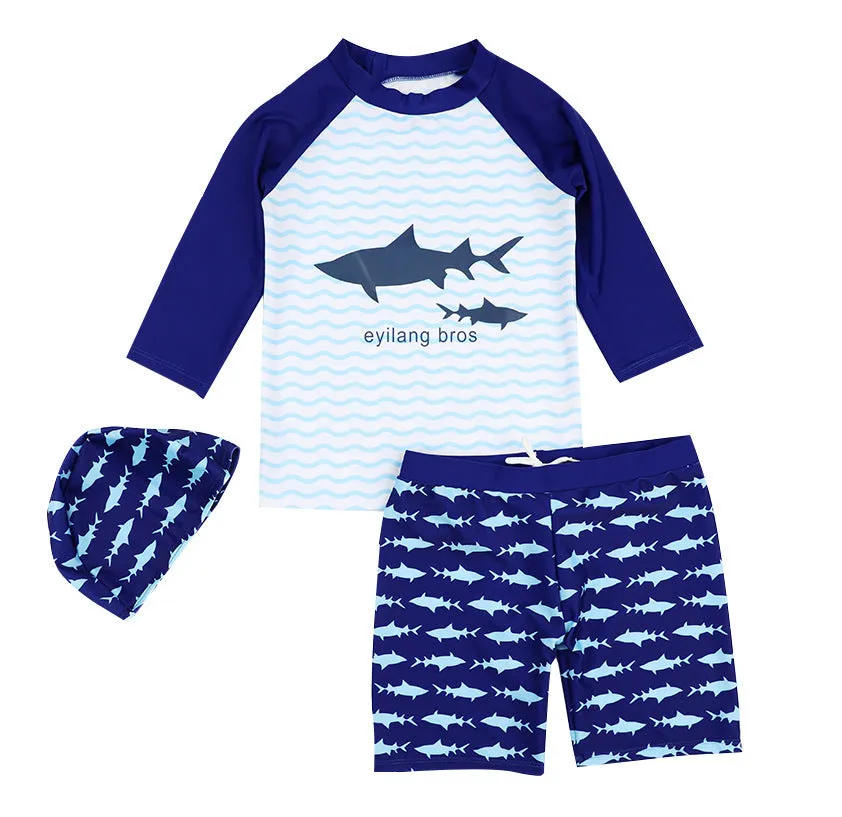 Children's yellow split boxer swim trunks with cartoon print, made from quick-drying polyester