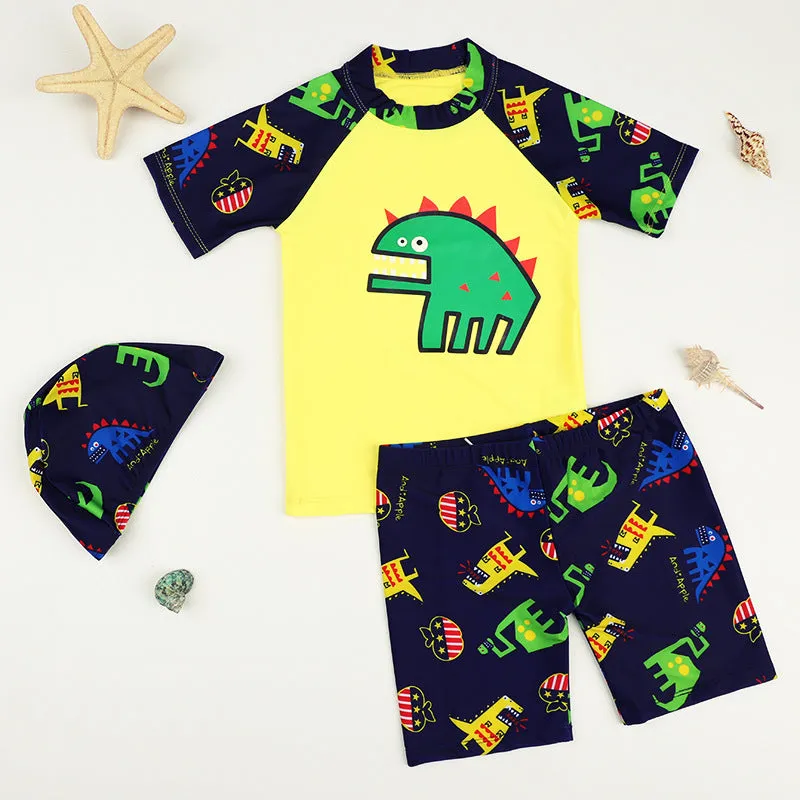 Children's yellow split boxer swim trunks with cartoon print, made from quick-drying polyester