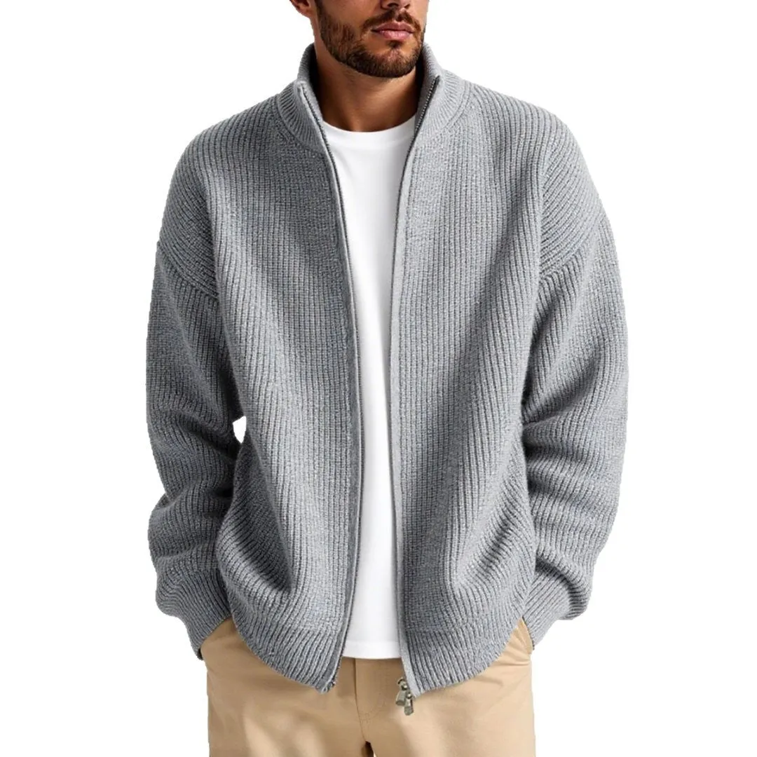 Men's loose fit cardigan sweater in acrylic blend fabric, shown in grey green colour.