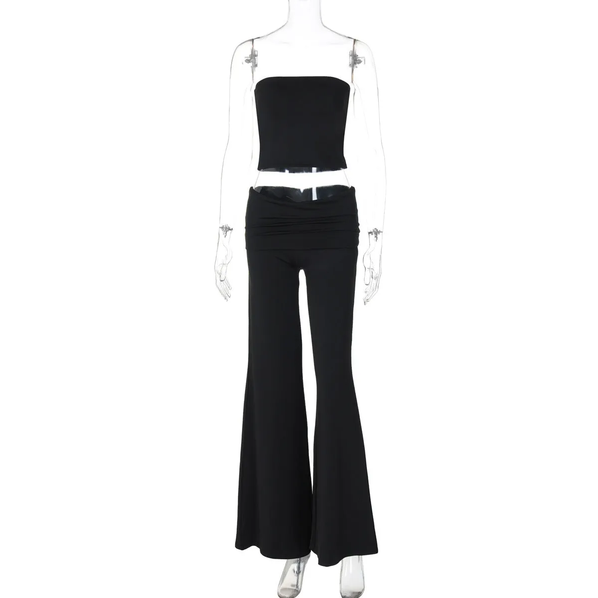 Women's tube top and flared pants suit in milk silk fabric, apricot colour, high elasticity, street fashion style