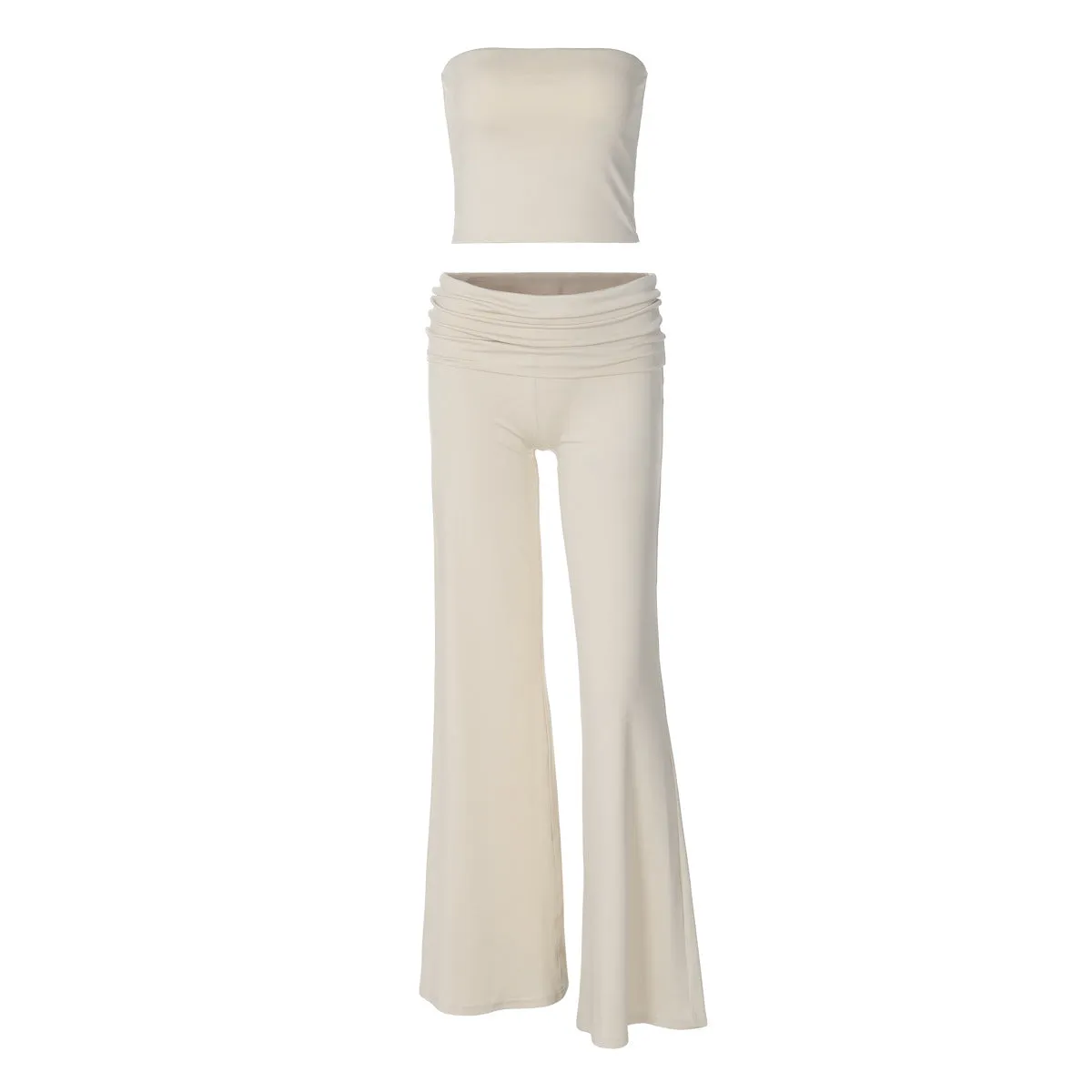 Women's tube top and flared pants suit in milk silk fabric, apricot colour, high elasticity, street fashion style