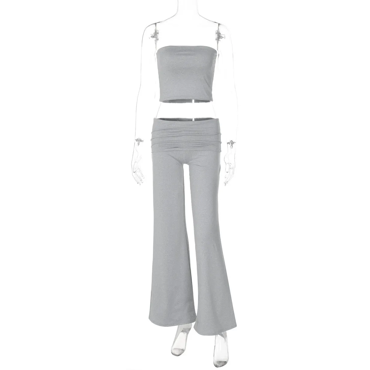 Women's tube top and flared pants suit in milk silk fabric, apricot colour, high elasticity, street fashion style
