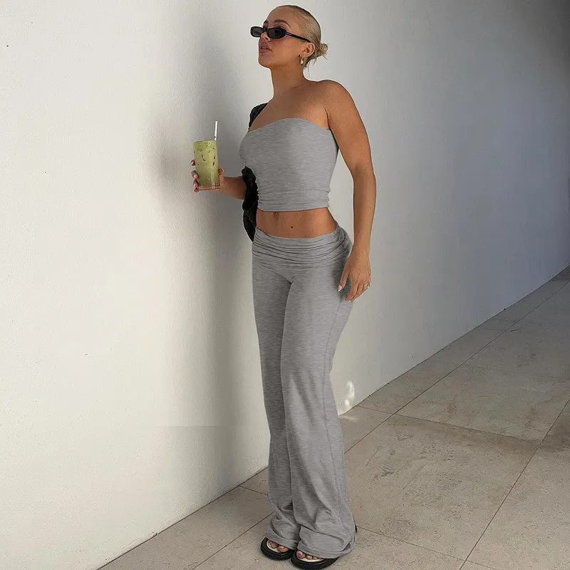 Women's tube top and flared pants suit in milk silk fabric, apricot colour, high elasticity, street fashion style