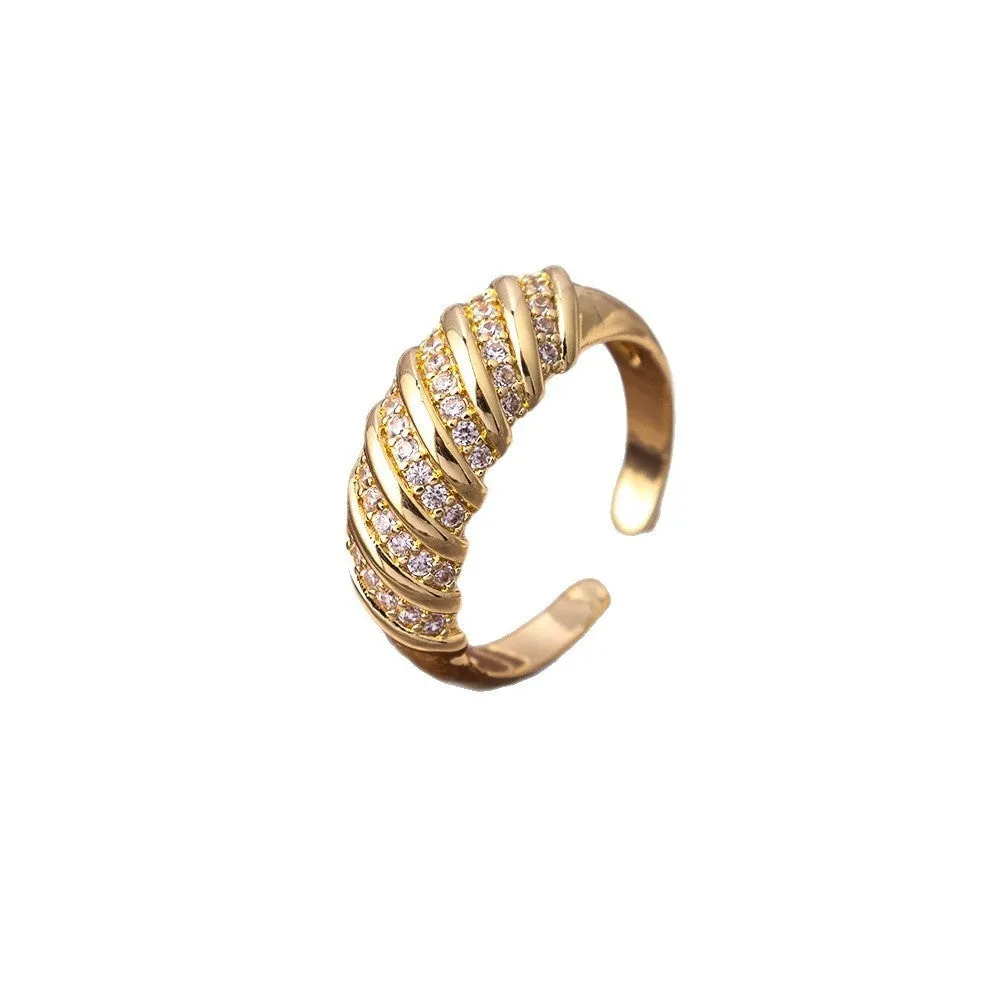 Copper ring with zircon ornament, adjustable open mouth design, electroplated gold finish, retro style
