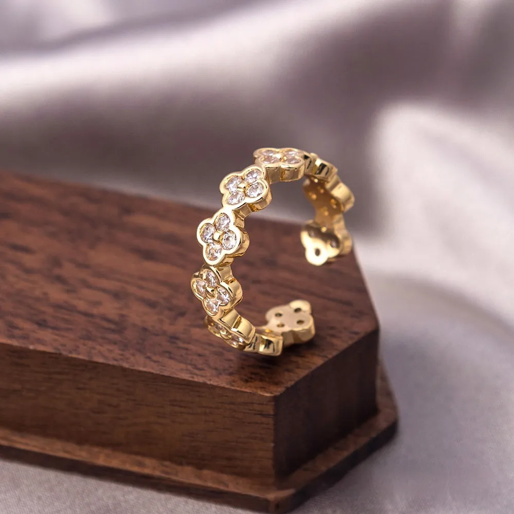 Copper ring with zircon ornament, adjustable open mouth design, electroplated gold finish, retro style