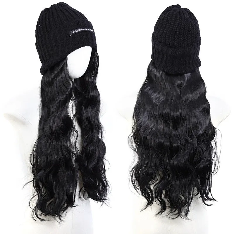 Hat wig with long curly high temperature fibre hair in multiple colour options