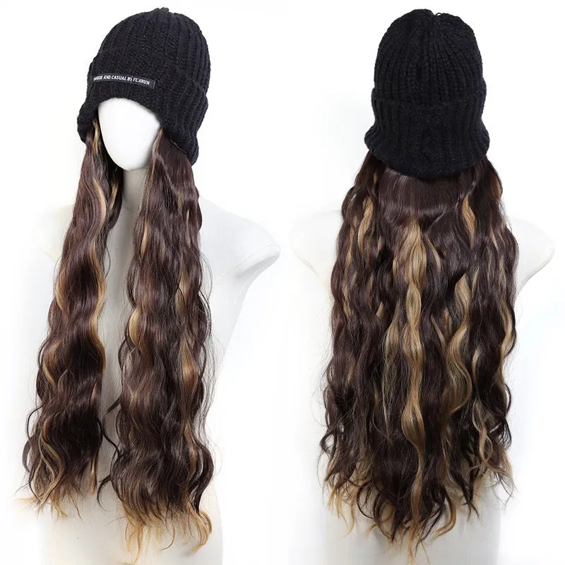 Hat wig with long curly high temperature fibre hair in multiple colour options