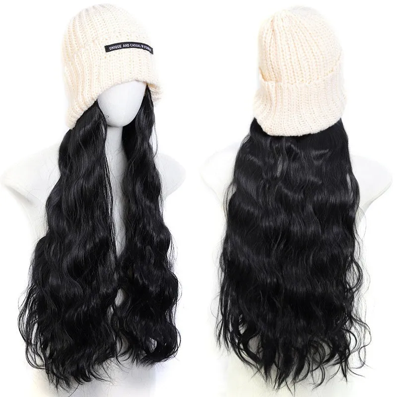 Hat wig with long curly high temperature fibre hair in multiple colour options