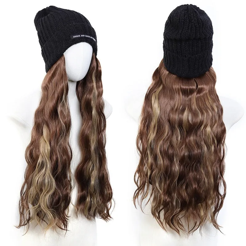 Hat wig with long curly high temperature fibre hair in multiple colour options