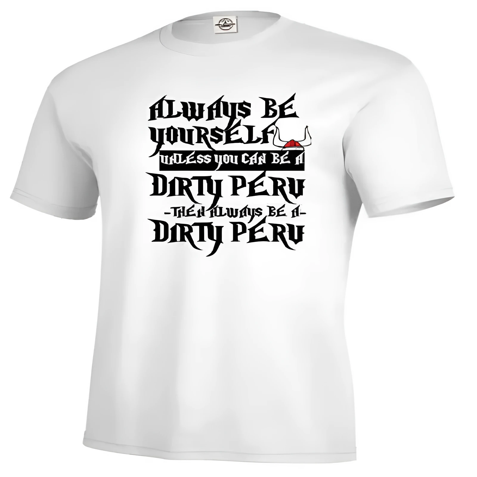 Men's white short sleeve printed casual top on a hanger.