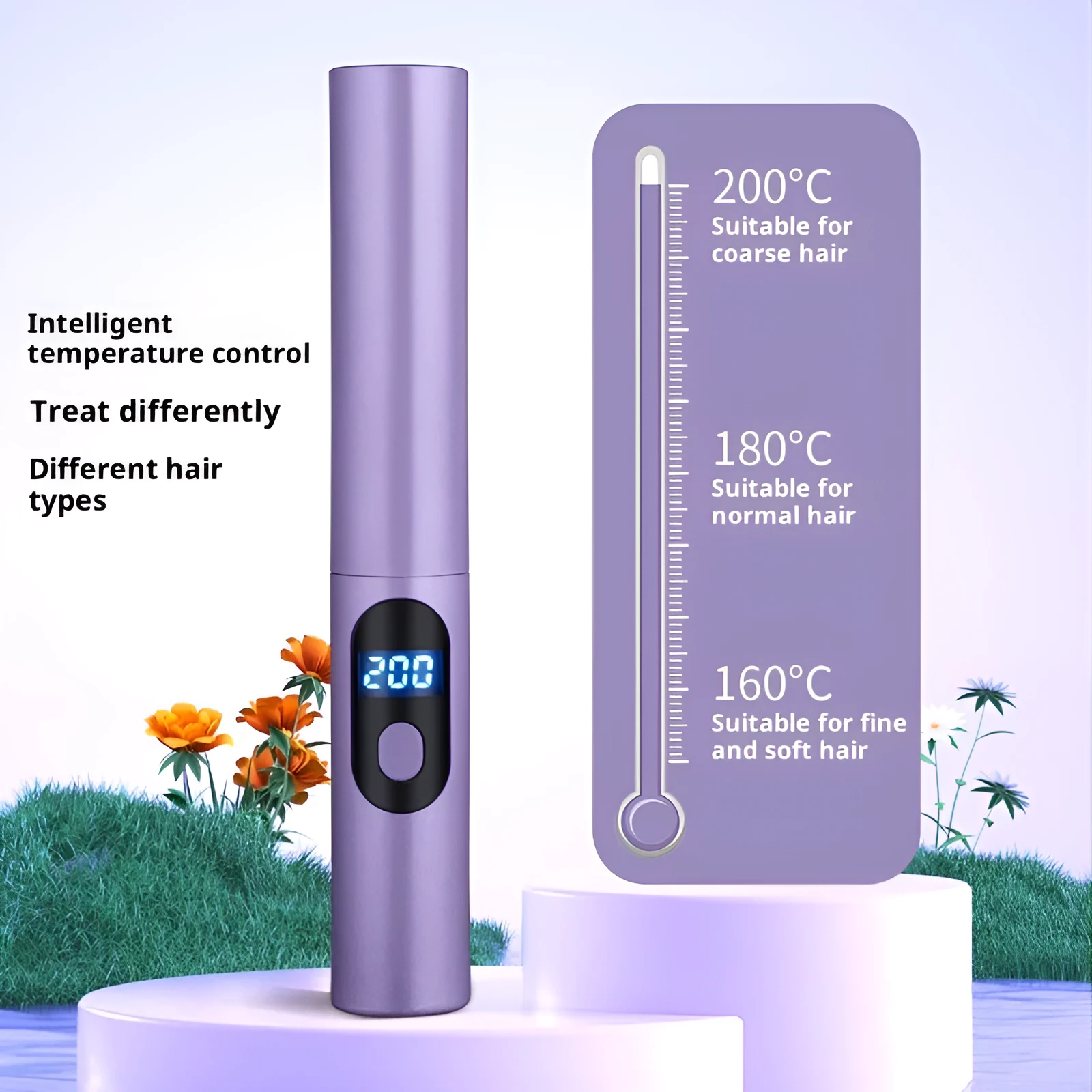 Wireless straight comb mini anion anti-static hair straightener in purple with digital display