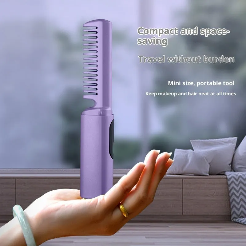 Wireless straight comb mini anion anti-static hair straightener in purple with digital display