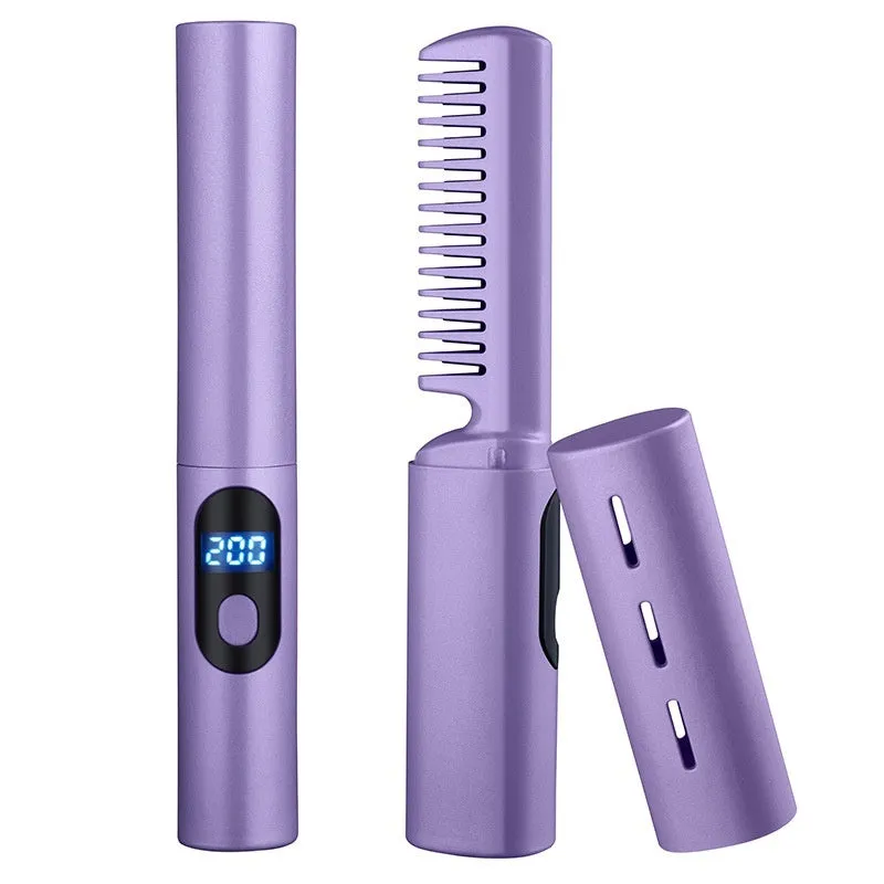 Wireless straight comb mini anion anti-static hair straightener in purple with digital display