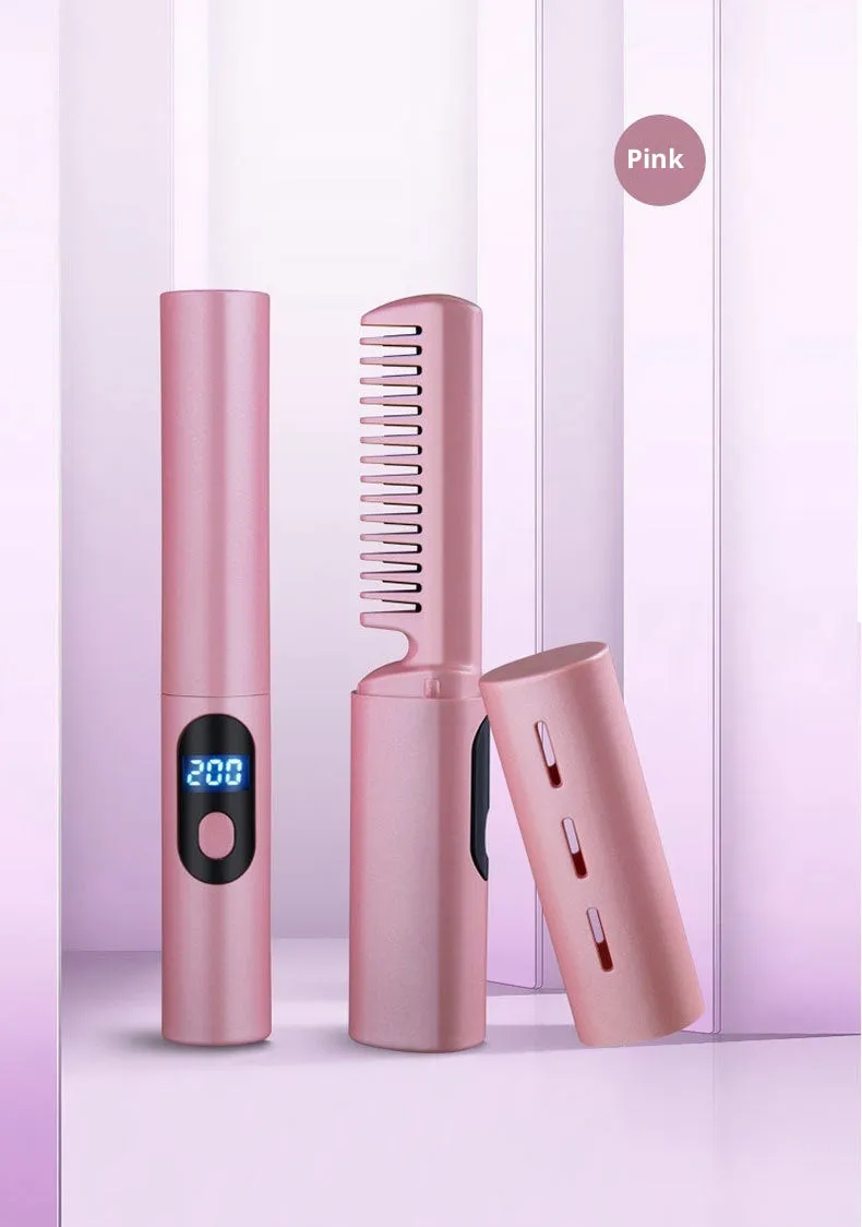 Wireless straight comb mini anion anti-static hair straightener in purple with digital display