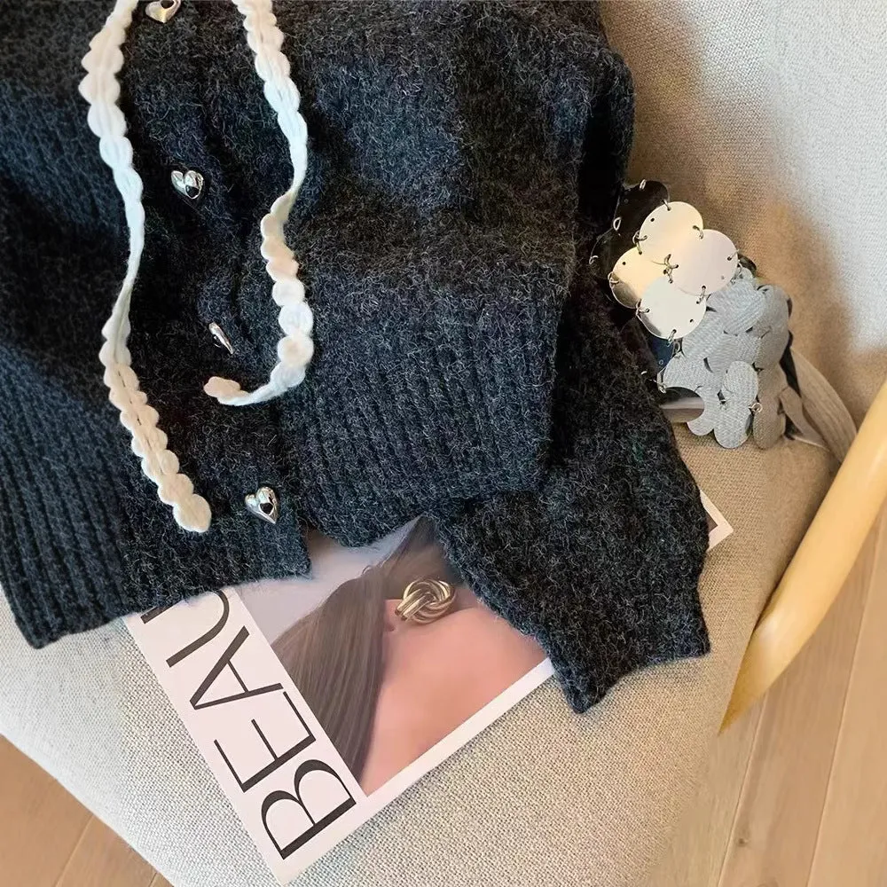 Black French style doll collar college style thick knit cardigan sweater loose fit