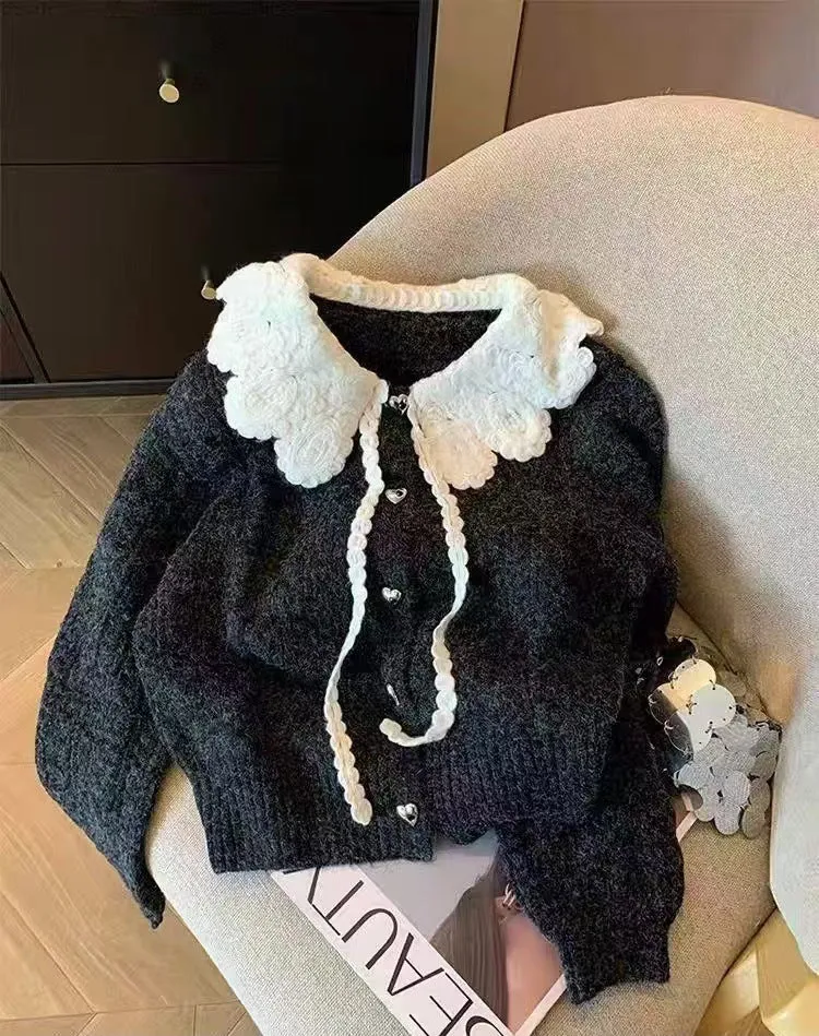 Black French style doll collar college style thick knit cardigan sweater loose fit