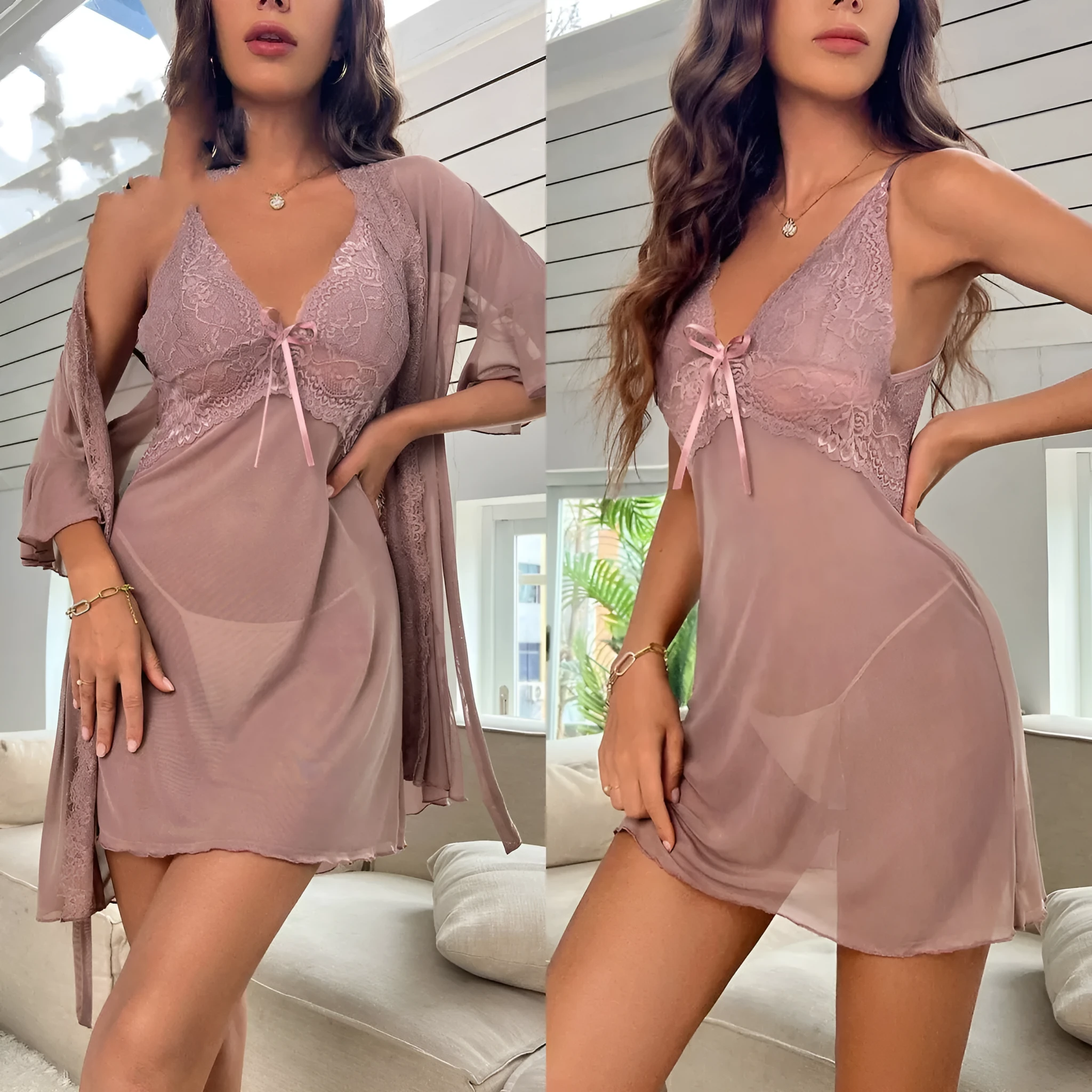 Light purple see-through cross lace bow home wear dress with long sleeves on display