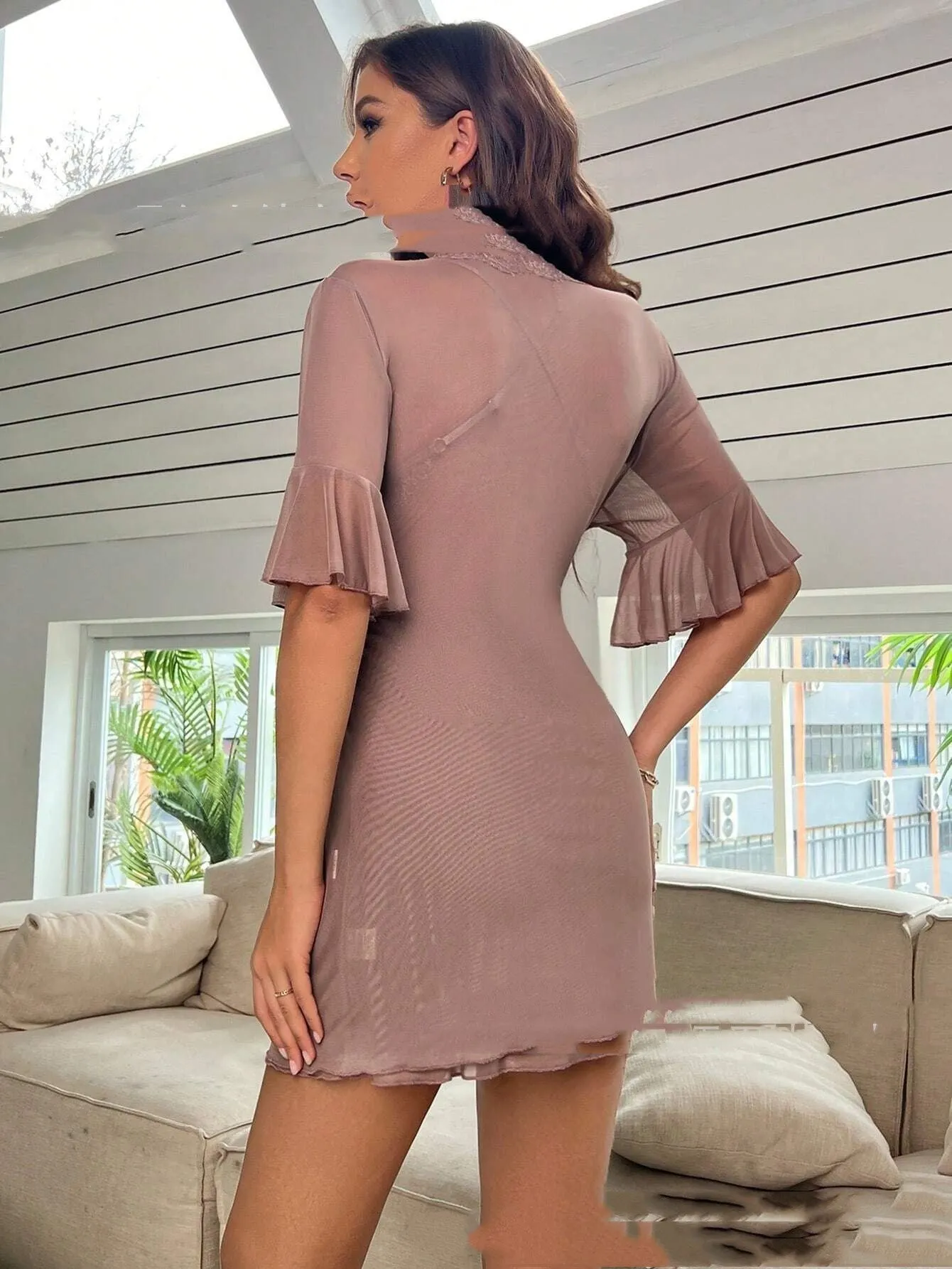 Light purple see-through cross lace bow home wear dress with long sleeves on display