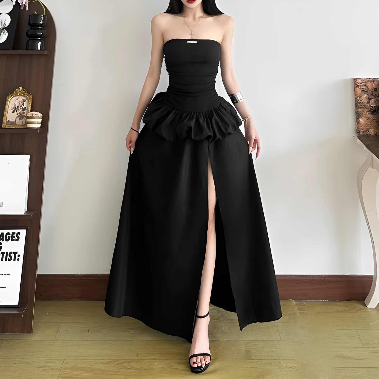 Women's solid colour high waist off-neck split A-line long dress in black, backless detail, street style