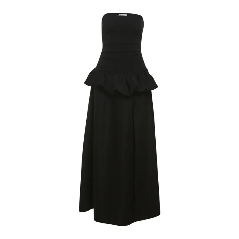 Women's solid colour high waist off-neck split A-line long dress in black, backless detail, street style