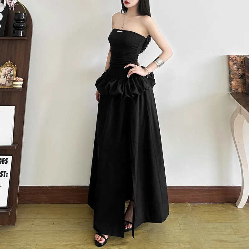 Women's solid colour high waist off-neck split A-line long dress in black, backless detail, street style