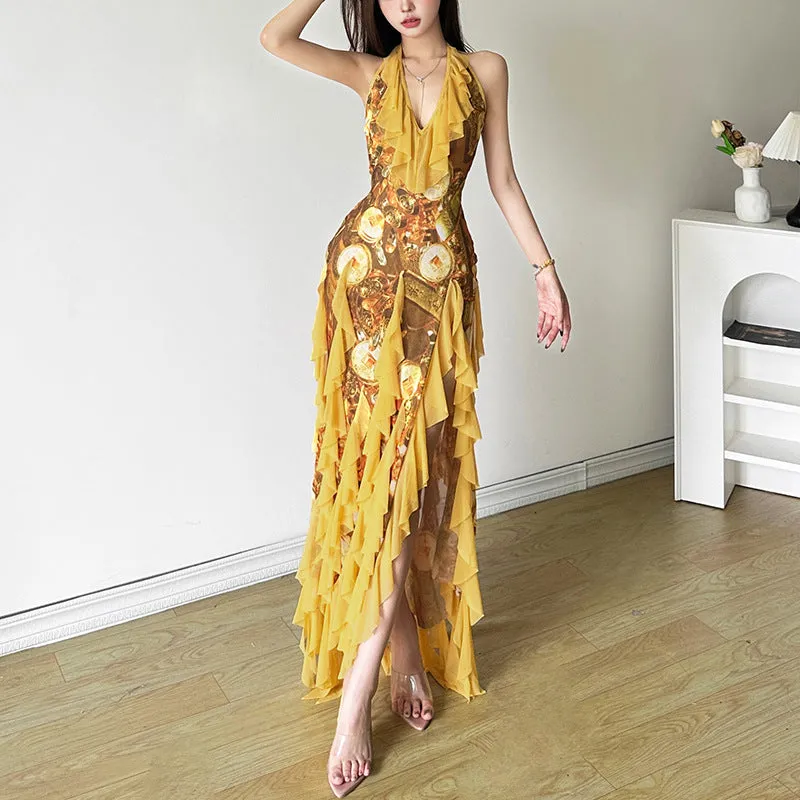 Yellow halter suspender skirt dress with ruffles and A-line cut, high waist, long length, sleeveless