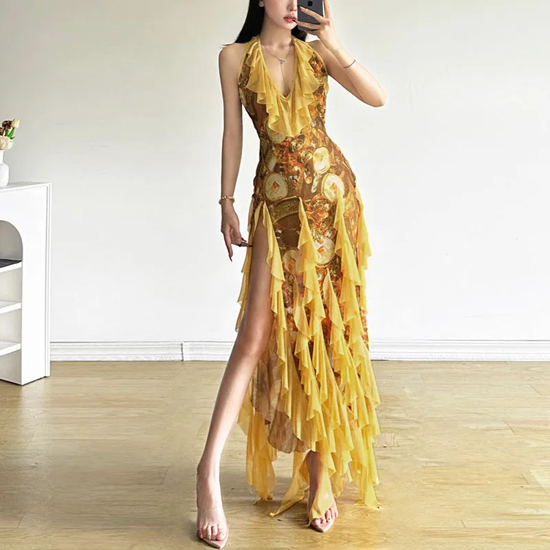 Yellow halter suspender skirt dress with ruffles and A-line cut, high waist, long length, sleeveless