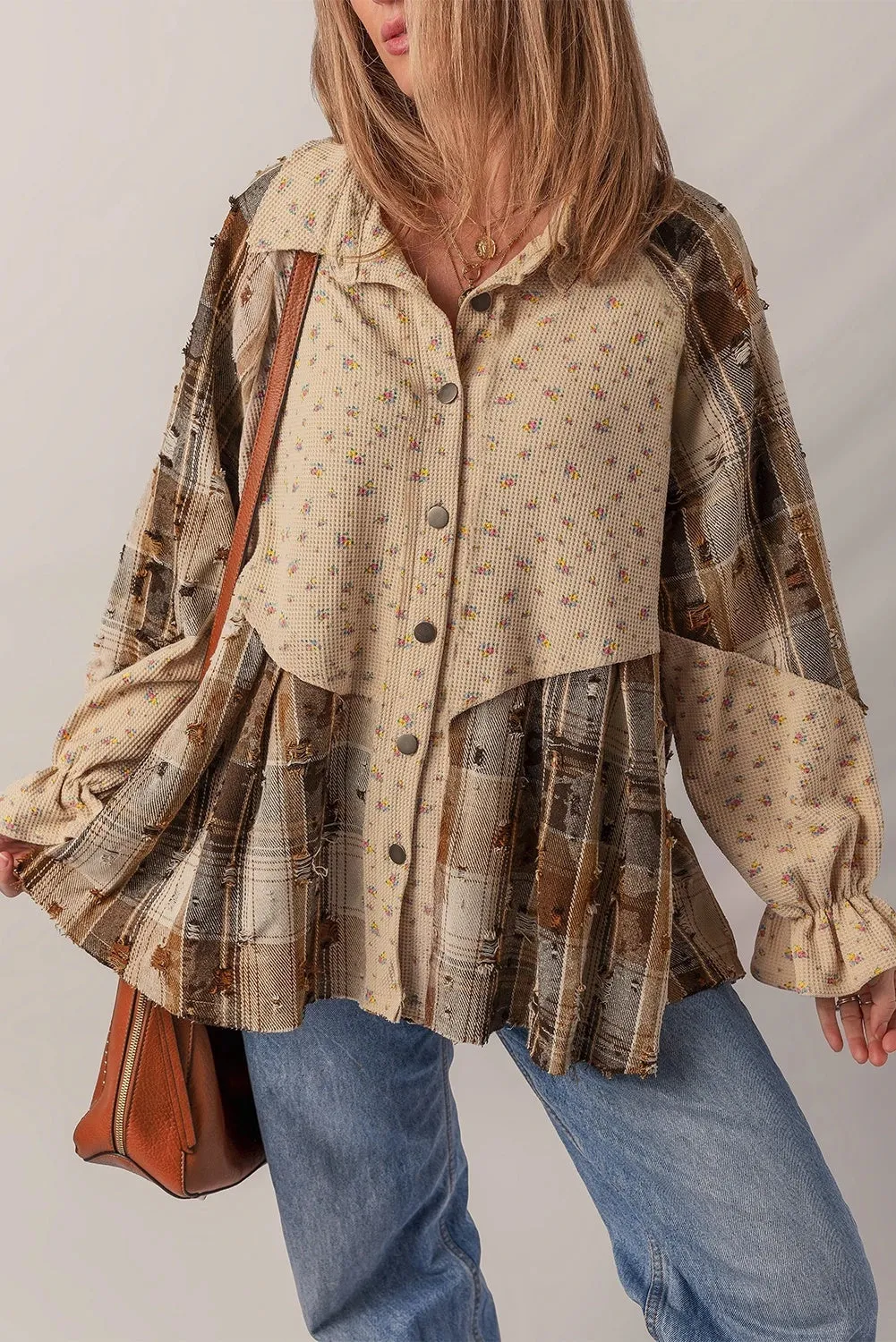 Women's loose fit plaid shirt with ruffle sleeves and distressed detail in oatmeal colour