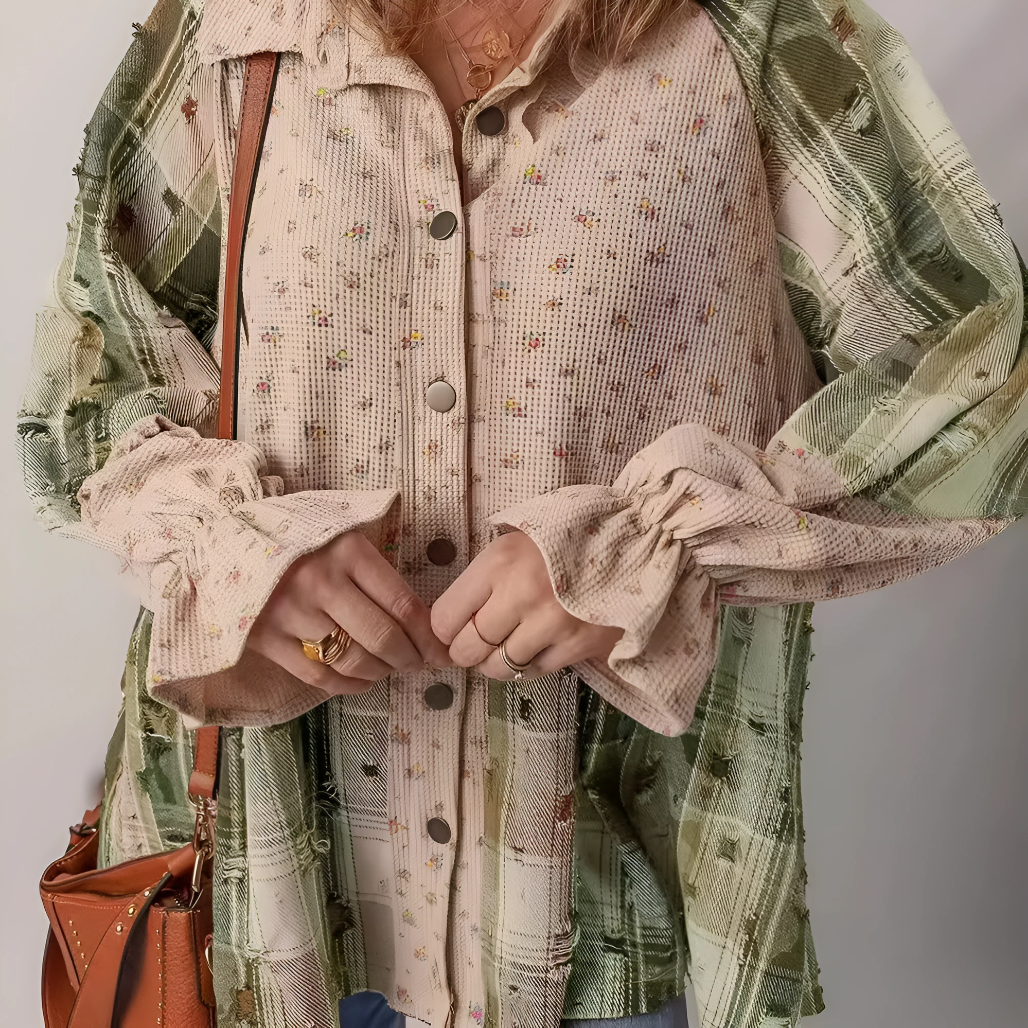 Women's loose fit plaid shirt with ruffle sleeves and distressed detail in oatmeal colour