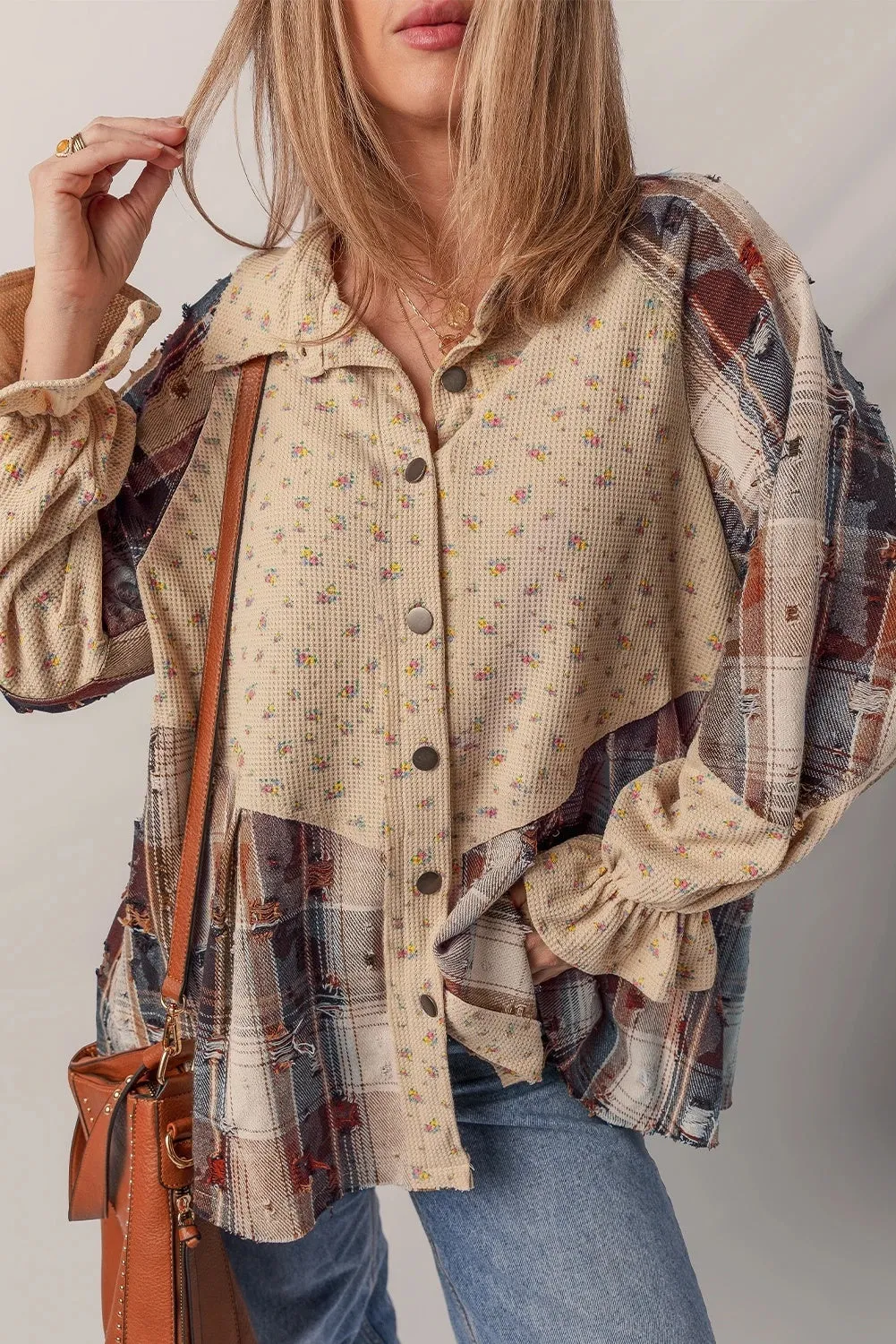 Women's loose fit plaid shirt with ruffle sleeves and distressed detail in oatmeal colour