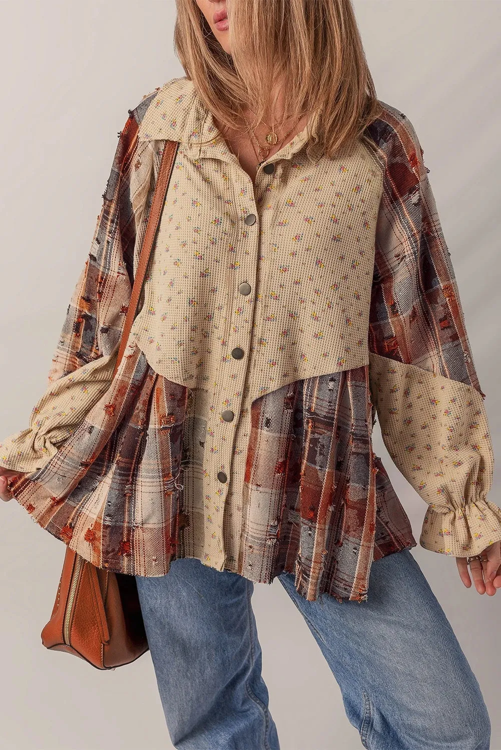 Women's loose fit plaid shirt with ruffle sleeves and distressed detail in oatmeal colour