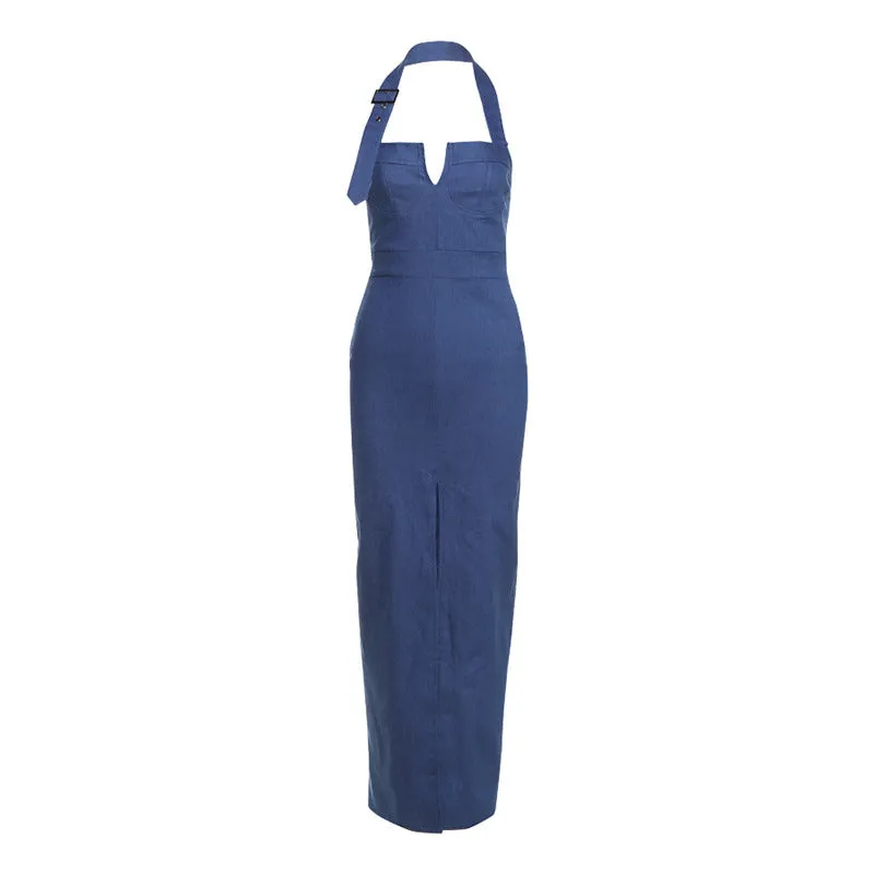Retro blue denim slim-fit halter dress with slit design and A-line skirt