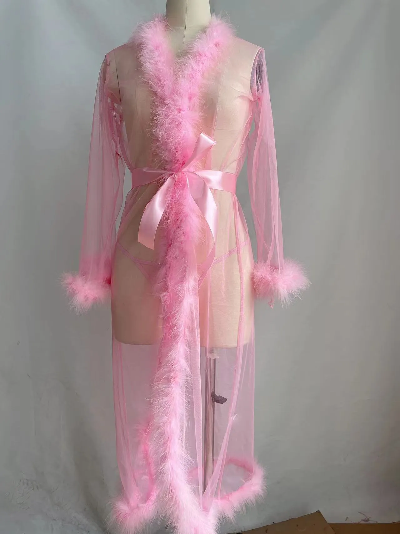 Women's long robe underwear set with matching top in black, pink, red, white for home leisure
