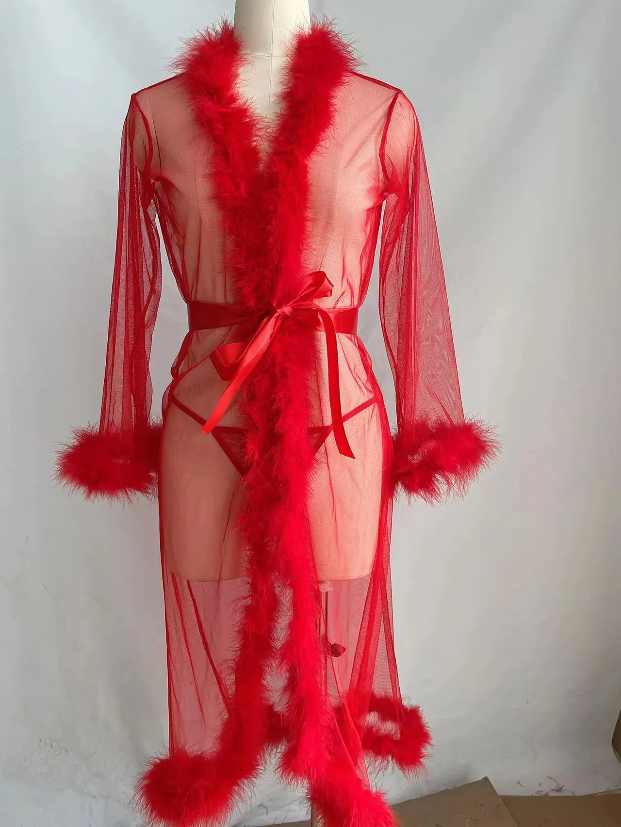 Women's long robe underwear set with matching top in black, pink, red, white for home leisure