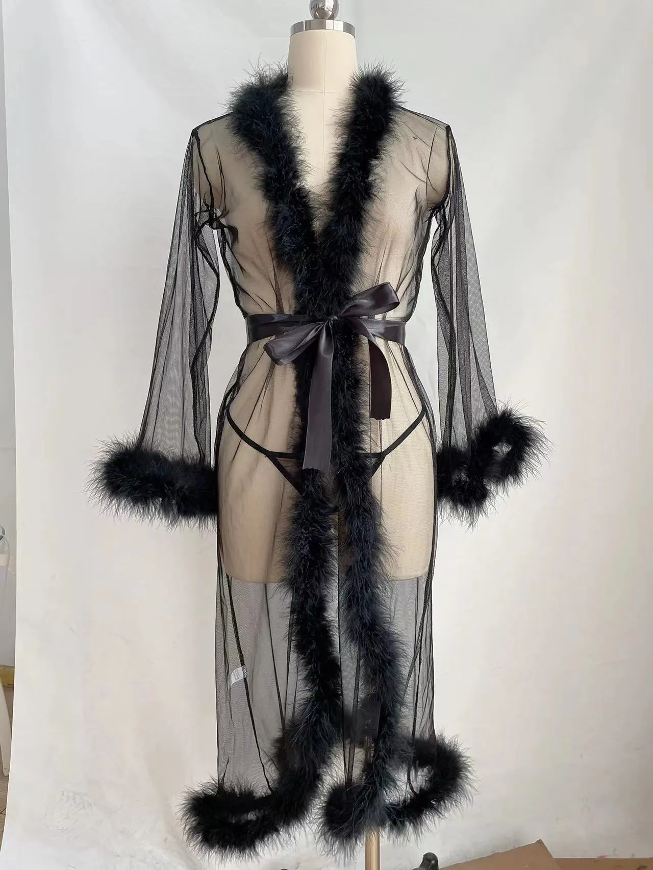 Women's long robe underwear set with matching top in black, pink, red, white for home leisure