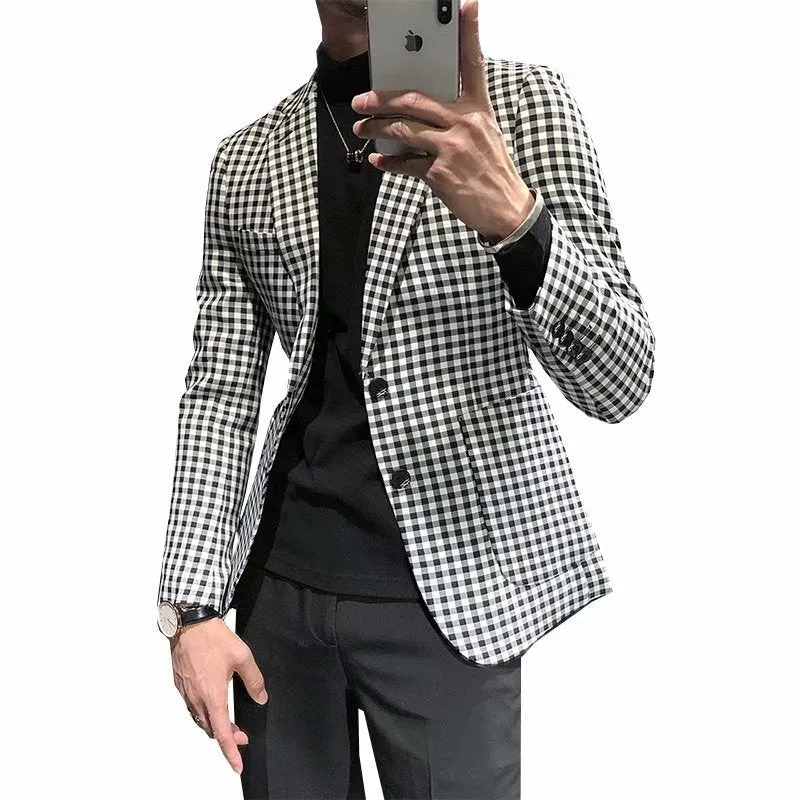 Black and white plaid loose fit casual jacket for youth work wear cotton blend