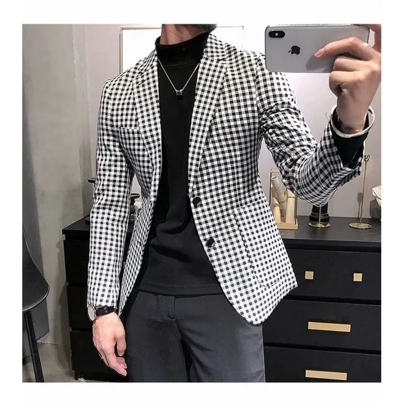 Black and white plaid loose fit casual jacket for youth work wear cotton blend