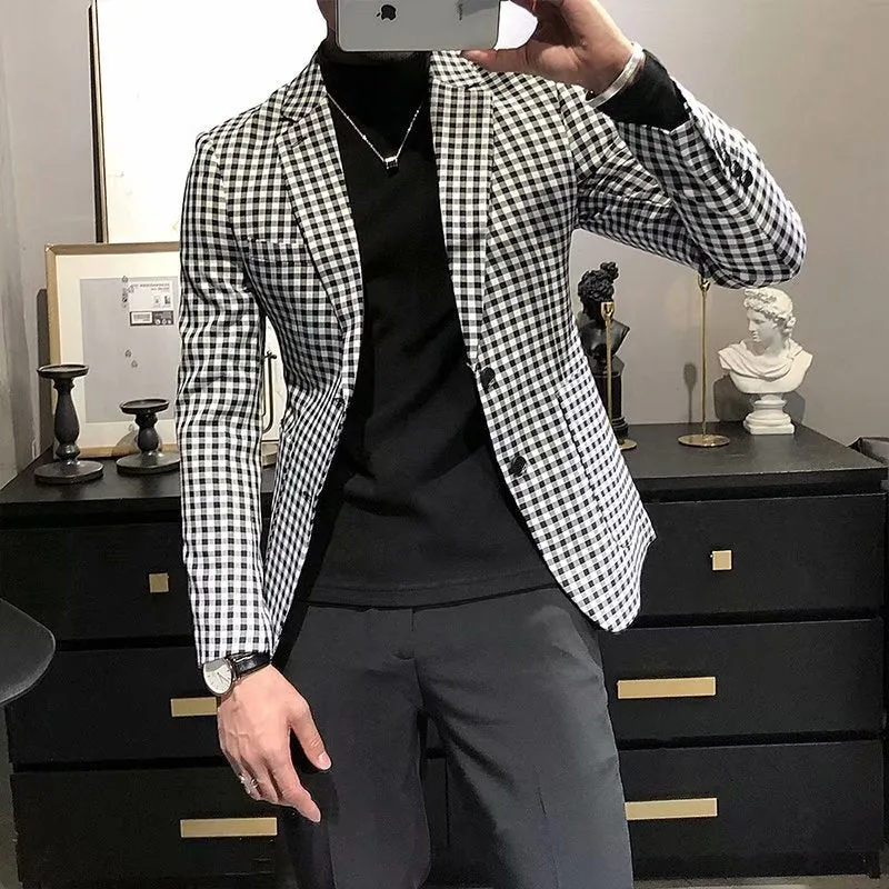 Black and white plaid loose fit casual jacket for youth work wear cotton blend