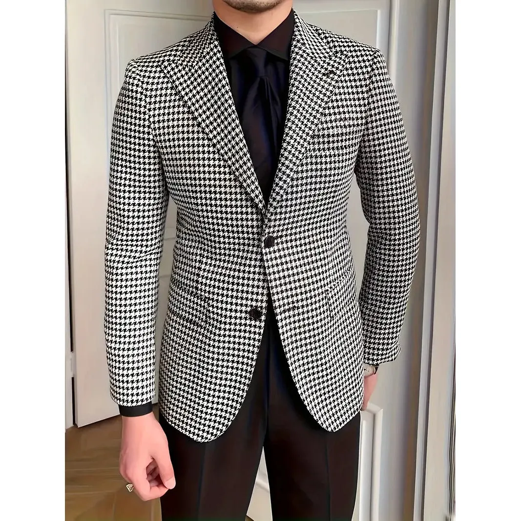 Black and white plaid loose fit casual jacket for youth work wear cotton blend