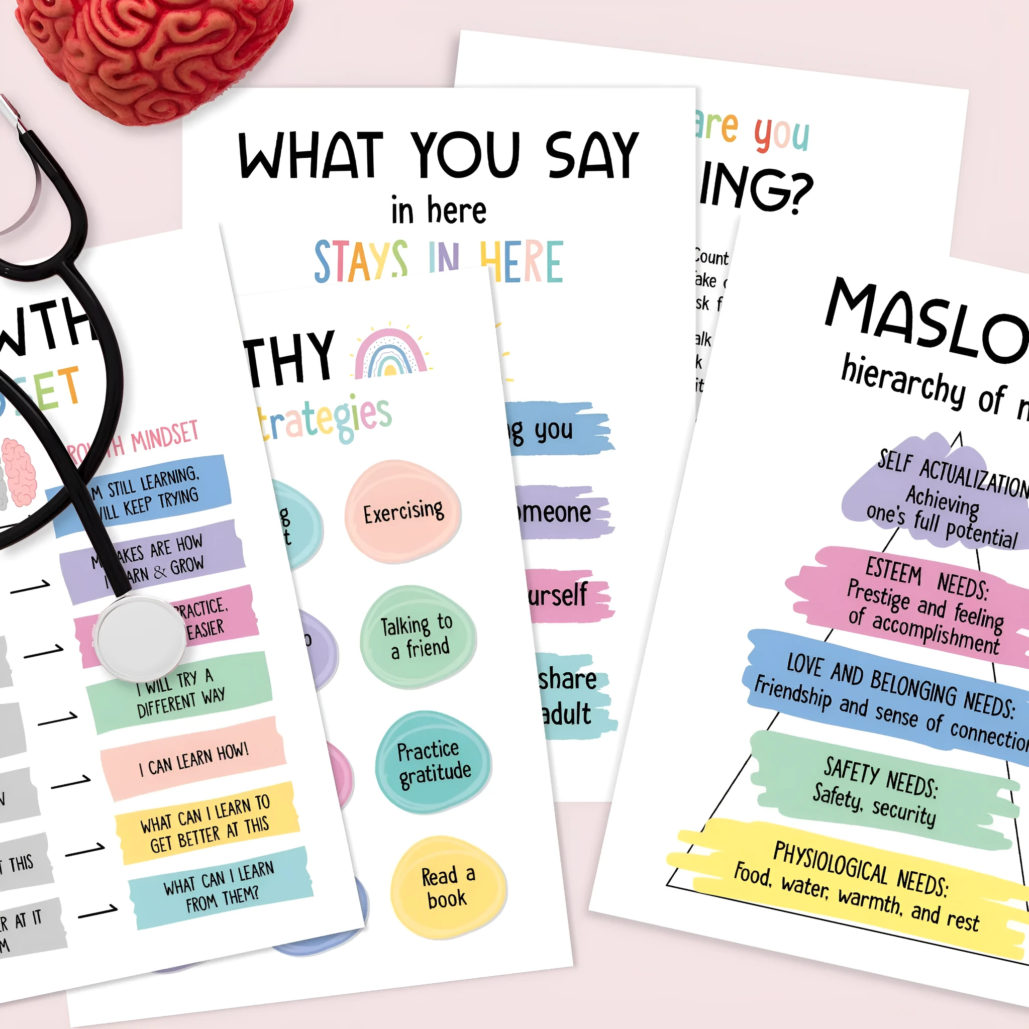 Set of 12 mental health posters on coated paper with bright film finish, 255x355mm, including glue dots
