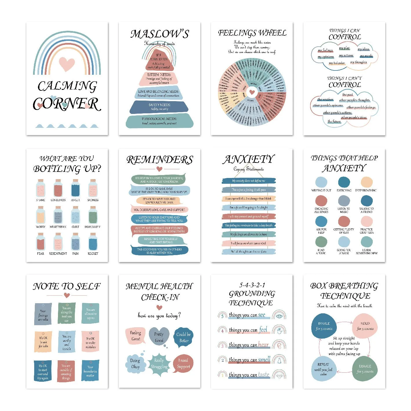 Set of 12 mental health posters on coated paper with bright film finish, 255x355mm, including glue dots