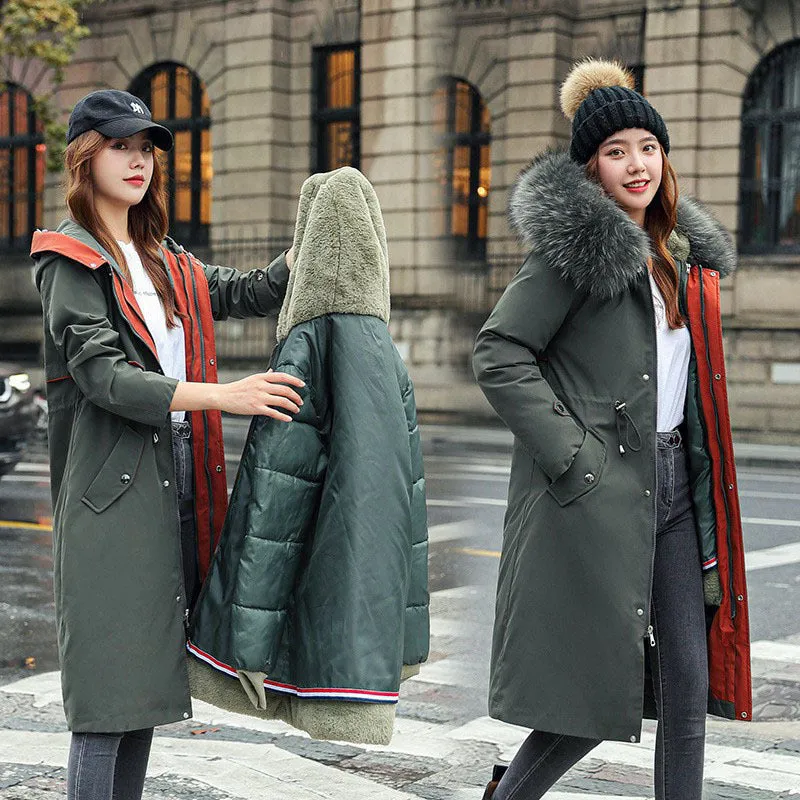 Women's long beige fleece trench coat with two-way zip, shown on a model.