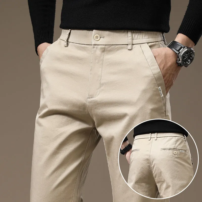Combed cotton light business casual trousers for men in four colours with mid-rise elastic waist